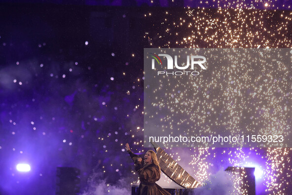 French singer Santa performs during the Paris 2024 Paralympic Games Closing Ceremony on day eleven of the Paris 2024 Summer Paralympic Games...