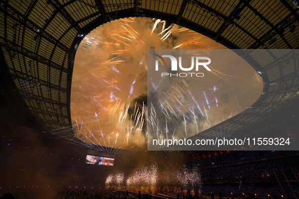 Fireworks explode at Stade de France during the closing ceremony of the Paris 2024 Summer Paralympic Games in Paris, France, on September 8,...