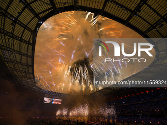 Fireworks explode at Stade de France during the closing ceremony of the Paris 2024 Summer Paralympic Games in Paris, France, on September 8,...