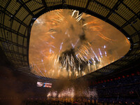 Fireworks explode at Stade de France during the closing ceremony of the Paris 2024 Summer Paralympic Games in Paris, France, on September 8,...