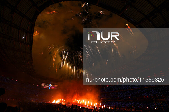 Fireworks explode at Stade de France during the closing ceremony of the Paris 2024 Summer Paralympic Games in Paris, France, on September 8,...