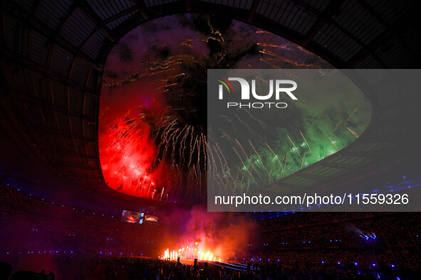 Fireworks explode at Stade de France during the closing ceremony of the Paris 2024 Summer Paralympic Games in Paris, France, on September 8,...