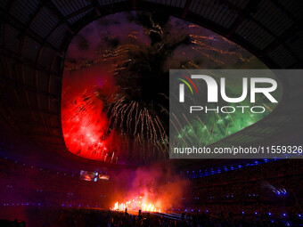 Fireworks explode at Stade de France during the closing ceremony of the Paris 2024 Summer Paralympic Games in Paris, France, on September 8,...