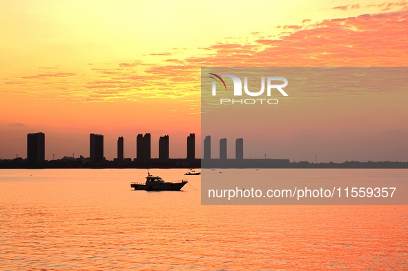 A fishing boat rides in Tangdao Bay illuminated by the rising sun in Qingdao, China, on September 9, 2024. 