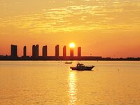 A fishing boat rides in Tangdao Bay illuminated by the rising sun in Qingdao, China, on September 9, 2024. (