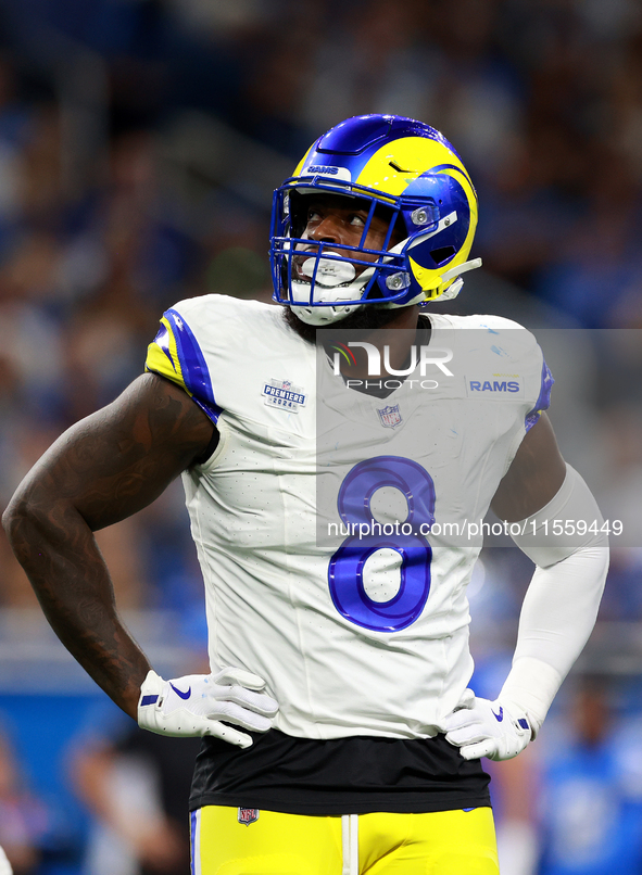 DETROIT,MICHIGAN-SEPTEMBER 8: Linebacker Jared Verse (8) of the Los Angeles Rams looks up to the screen from the field during a game between...