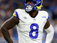 DETROIT,MICHIGAN-SEPTEMBER 8: Linebacker Jared Verse (8) of the Los Angeles Rams looks up to the screen from the field during a game between...