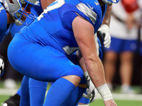 DETROIT,MICHIGAN-SEPTEMBER 8:  Center Frank Ragnow (77) of the Detroit Lions prepares to snap the ball during a game between the Detroit Lio...