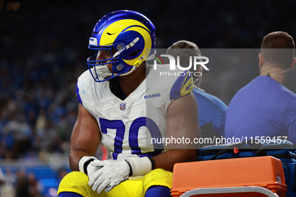 DETROIT,MICHIGAN-SEPTEMBER 8: Los Angeles Rams offensive tackle Joe Noteboom (70) is taking of the field after an injury during the first ha...