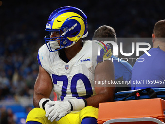 DETROIT,MICHIGAN-SEPTEMBER 8: Los Angeles Rams offensive tackle Joe Noteboom (70) is taking of the field after an injury during the first ha...