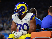 DETROIT,MICHIGAN-SEPTEMBER 8: Los Angeles Rams offensive tackle Joe Noteboom (70) is taking of the field after an injury during the first ha...