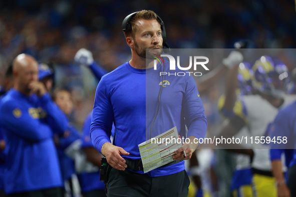 DETROIT,MICHIGAN-SEPTEMBER 8: Los Angeles Rams head coach Sean McVay follows the play during the first half of an NFL football game between...