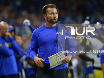 DETROIT,MICHIGAN-SEPTEMBER 8: Los Angeles Rams head coach Sean McVay follows the play during the first half of an NFL football game between...