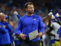 DETROIT,MICHIGAN-SEPTEMBER 8: Los Angeles Rams head coach Sean McVay follows the play during the first half of an NFL football game between...