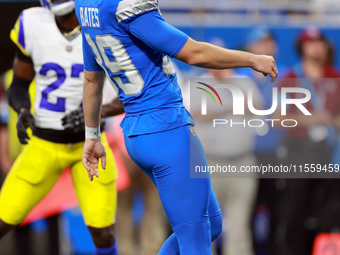 DETROIT,MICHIGAN-SEPTEMBER 8:  Detroit Lions kicker Jake Bates (39) follows his field goal kick during a game between the Detroit Lions and...