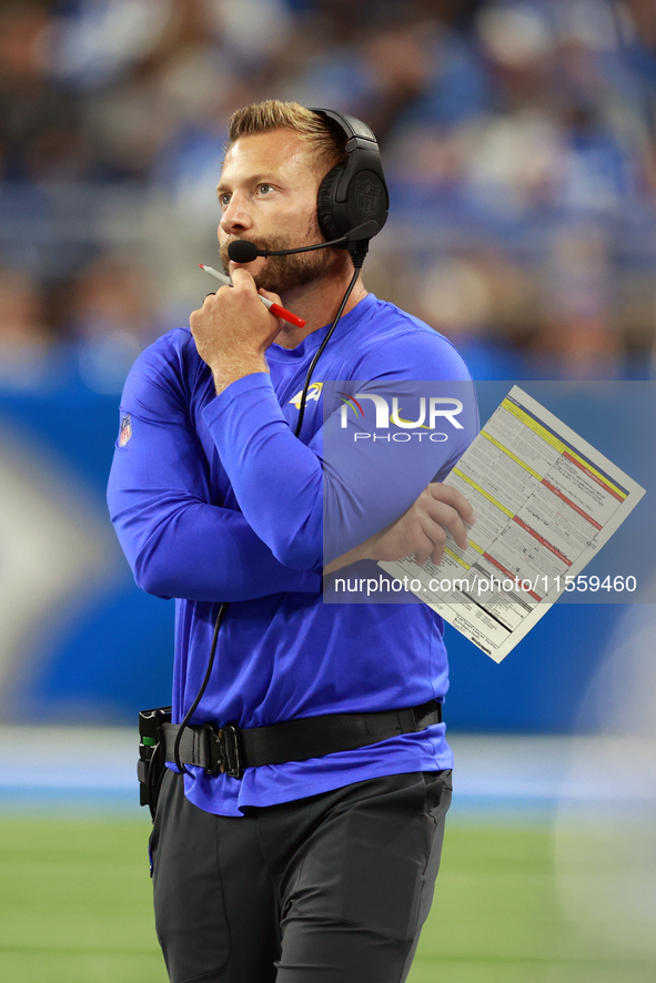 DETROIT,MICHIGAN-SEPTEMBER 8:  Los 
Angeles Rams head coach Sean McVay looks on from the sidelines during a game between the Detroit Lions a...