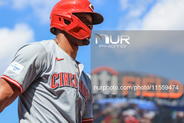 Cincinnati Reds' Will Benson #30 walks to the on-deck circle during the fifth inning of the baseball game against the New York Mets at Citi...