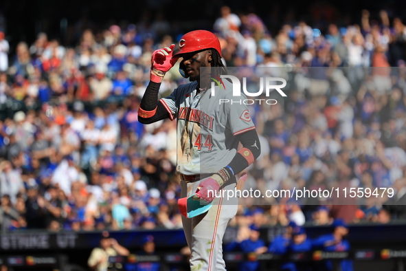 Cincinnati Reds' Elly De La Cruz #44 stands at home plate after striking out during the eighth inning of the baseball game against the New Y...