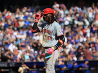 Cincinnati Reds' Elly De La Cruz #44 stands at home plate after striking out during the eighth inning of the baseball game against the New Y...