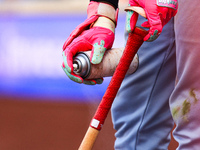 Cincinnati Reds' Elly De La Cruz #44 sprays his bat while on deck during the eighth inning of the baseball game against the New York Mets at...