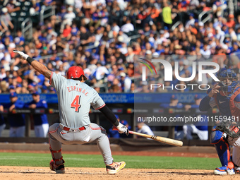 Cincinnati Reds' Santiago Espinal #4 is brushed back by a pitch during the seventh inning of the baseball game against the New York Mets at...