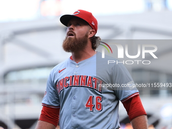 Cincinnati Reds pitcher Buck Farmer #46 comes off the field during the eighth inning of the baseball game against the New York Mets at Citi...