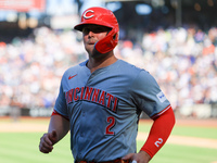 Cincinnati Reds' Ty France #2 heads towards the dugout after scoring during the ninth inning of the baseball game against the New York Mets...