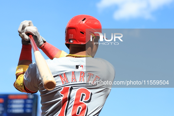 Noelvi Marte #16 of the Cincinnati Reds walks to the on-deck circle during the fifth inning of the baseball game against the New York Mets a...