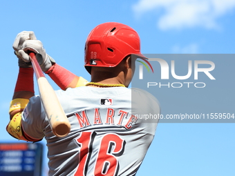 Noelvi Marte #16 of the Cincinnati Reds walks to the on-deck circle during the fifth inning of the baseball game against the New York Mets a...