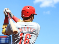 Noelvi Marte #16 of the Cincinnati Reds walks to the on-deck circle during the fifth inning of the baseball game against the New York Mets a...