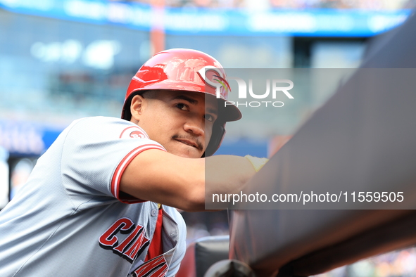 Cincinnati Reds Noelvi Marte #16 stands on the dugout steps waiting for his chance to bat during the seventh inning of the baseball game aga...