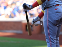 Noelvi Marte #16 of the Cincinnati Reds stands on deck during the ninth inning of the baseball game against the New York Mets at Citi Field...