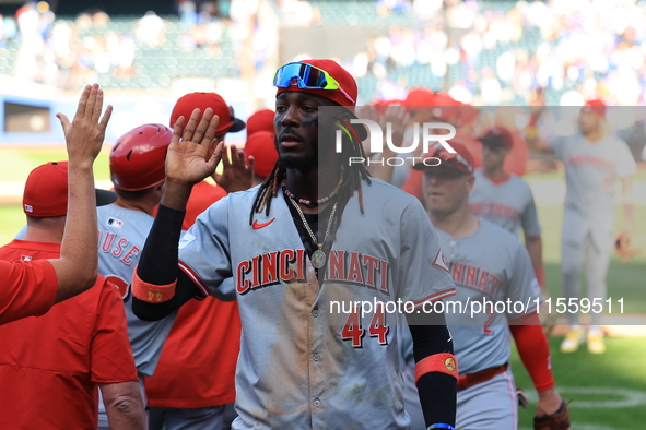 Cincinnati Reds' Elly De La Cruz #44 celebrates the Reds' 3-1 win in the baseball game against the New York Mets at Citi Field in Corona, Ne...