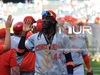 Cincinnati Reds' Elly De La Cruz #44 celebrates the Reds' 3-1 win in the baseball game against the New York Mets at Citi Field in Corona, Ne...