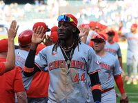 Cincinnati Reds' Elly De La Cruz #44 celebrates the Reds' 3-1 win in the baseball game against the New York Mets at Citi Field in Corona, Ne...