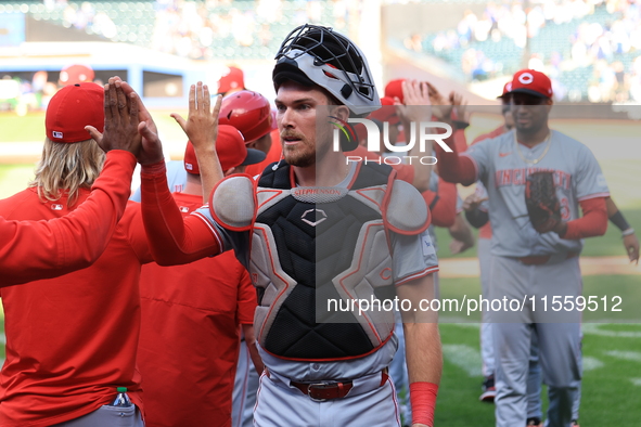 Cincinnati Reds catcher Tyler Stephenson celebrates the team's 3-1 win in the baseball game against the New York Mets at Citi Field in Coron...