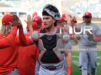 Cincinnati Reds catcher Tyler Stephenson celebrates the team's 3-1 win in the baseball game against the New York Mets at Citi Field in Coron...