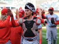 Cincinnati Reds catcher Tyler Stephenson celebrates the team's 3-1 win in the baseball game against the New York Mets at Citi Field in Coron...