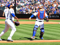 New York Mets catcher Luis Torrens #13 makes a catch during the fourth inning of the baseball game against the Cincinnati Reds at Citi Field...