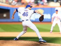 New York Mets relief pitcher Alex Young #46 throws during the ninth inning of the baseball game against the Cincinnati Reds at Citi Field in...