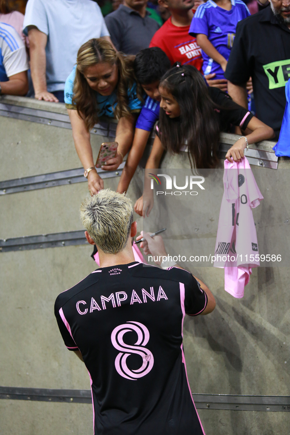 Inter Miami forward Leonardo Campana (8) signs merchandise for fans after a Leagues Cup match at NRG Stadium in Houston, Texas. Tigres claim...