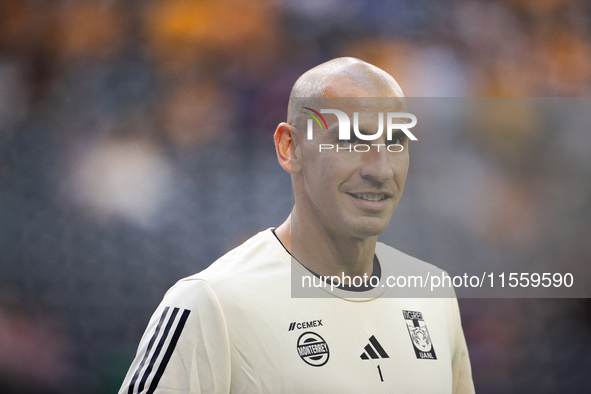 Tigres goalkeeper Nahuel Guzman participates in the Leagues Cup at NRG Stadium in Houston, Texas. Tigres claims a 2-1 victory, leading to Mi...