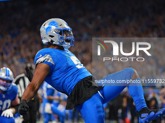 DETROIT,MICHIGAN-SEPTEMBER 8: Detroit Lions running back David Montgomery (5) celebrates after scoring a touchdow during overtime of an NFL...