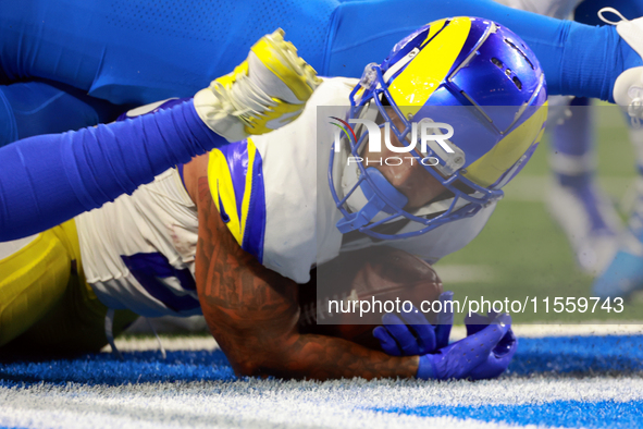 DETROIT,MICHIGAN-SEPTEMBER 8: Running back Kyren Williams (23) of the Los Angeles Rams makes a touchdown  during a game between the Detroit...