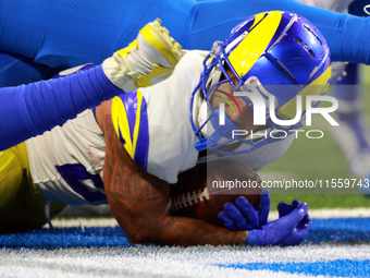 DETROIT,MICHIGAN-SEPTEMBER 8: Running back Kyren Williams (23) of the Los Angeles Rams makes a touchdown  during a game between the Detroit...