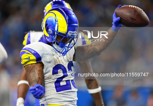 DETROIT,MICHIGAN-SEPTEMBER 8: Running back Kyren Williams (23) of the Los Angeles Rams celebrates after making a touchdown  during a game be...