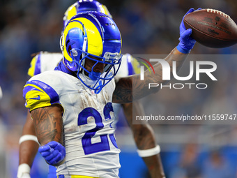 DETROIT,MICHIGAN-SEPTEMBER 8: Running back Kyren Williams (23) of the Los Angeles Rams celebrates after making a touchdown  during a game be...