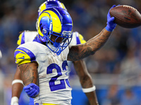 DETROIT,MICHIGAN-SEPTEMBER 8: Running back Kyren Williams (23) of the Los Angeles Rams celebrates after making a touchdown  during a game be...