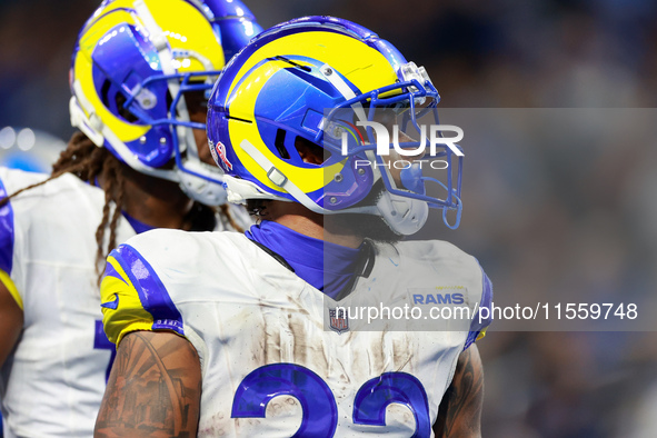 DETROIT,MICHIGAN-SEPTEMBER 8: Running back Kyren Williams (23) of the Los Angeles Rams celebrates after making a touchdown  during a game be...