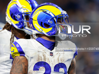 DETROIT,MICHIGAN-SEPTEMBER 8: Running back Kyren Williams (23) of the Los Angeles Rams celebrates after making a touchdown  during a game be...